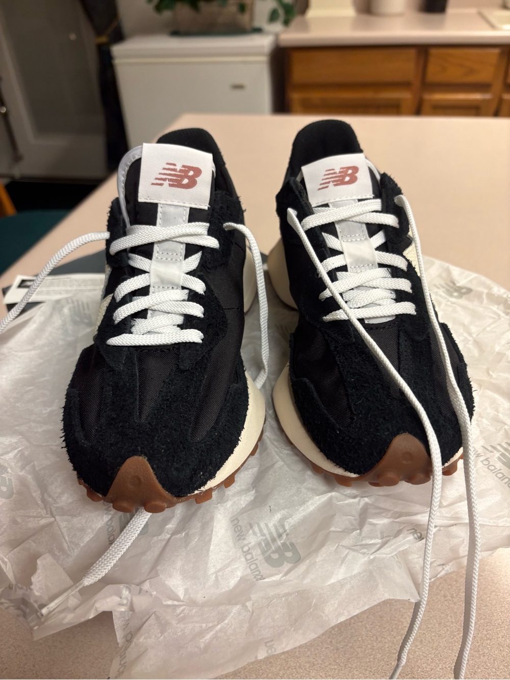 New Balance Womens Black and White Suede Nylon Runners with Gum Outsole